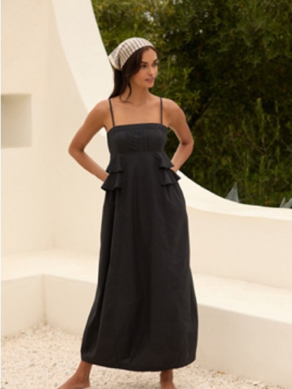 Anthropologie Black Spaghetti-Strap Maxi Dress with Tiered Side Ruffles